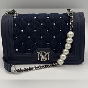 New Badgley Mischka Navy Studded Quilted Crossbody Bag with Pearl Chain